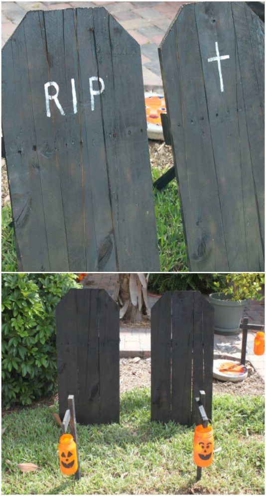 Upcycled Wooden Tombstones - 25 Fantastic Reclaimed Wood Halloween Decorations For Your Home And Garden
