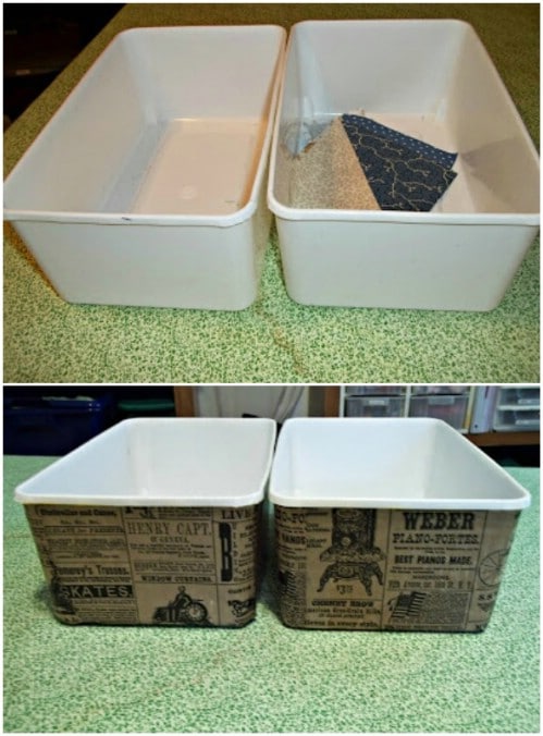 Decoupage your bins using an old paper bag.