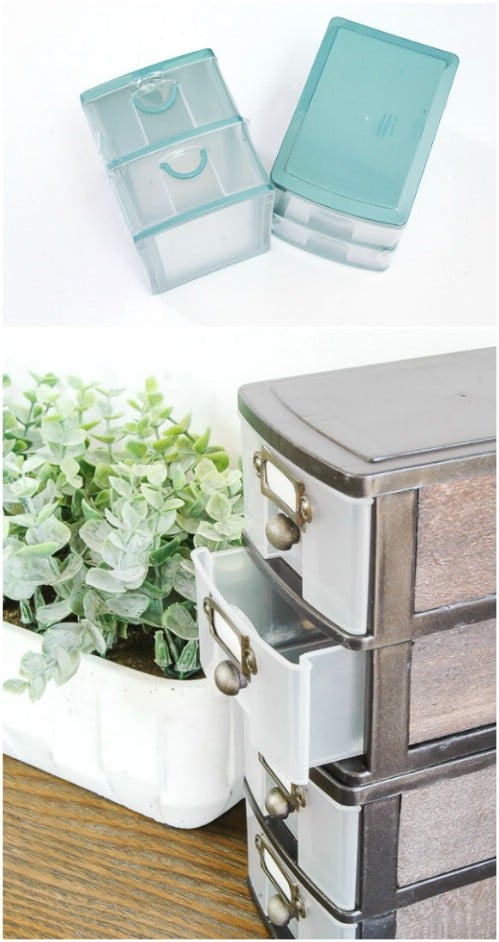 Turn plastic bin drawers into industrial farmhouse drawers.