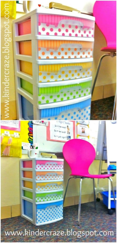 Bright rainbow colors add some whimsy to any set of plastic drawers.