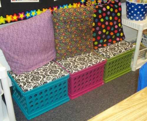 Colorful bins make for colorful seats.