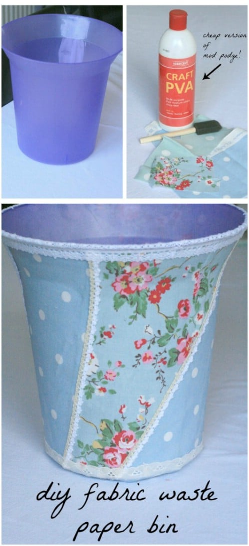 Apply fabric to a plastic container.