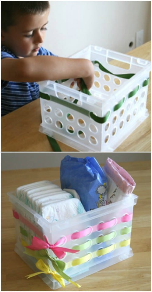 Here is yet another way you can decorate a plastic container by weaving fabric or ribbon.