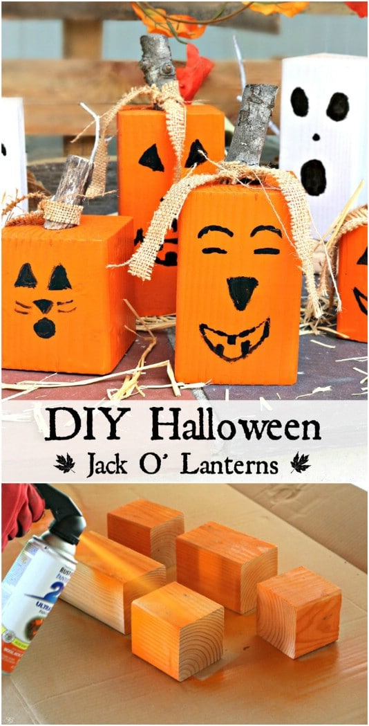 Upcycled Wood Block Jack-O-Lanterns - 25 Fantastic Reclaimed Wood Halloween Decorations For Your Home And Garden