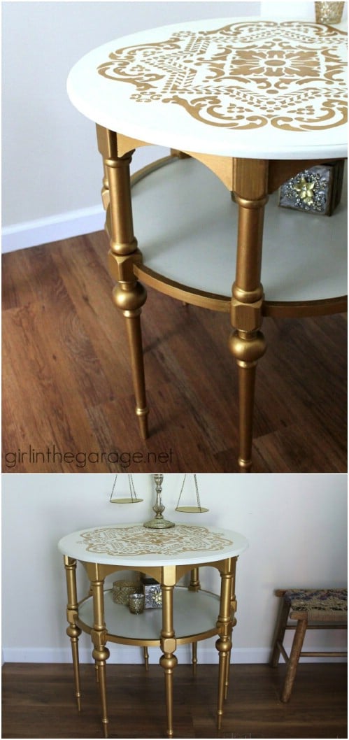 DIY Gold And White Stenciled Table