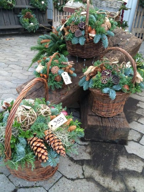 Pinecone And Evergreen Basket Planters
