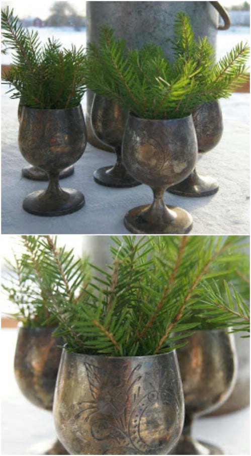Decorative Holiday Goblets With Evergreen Sprigs