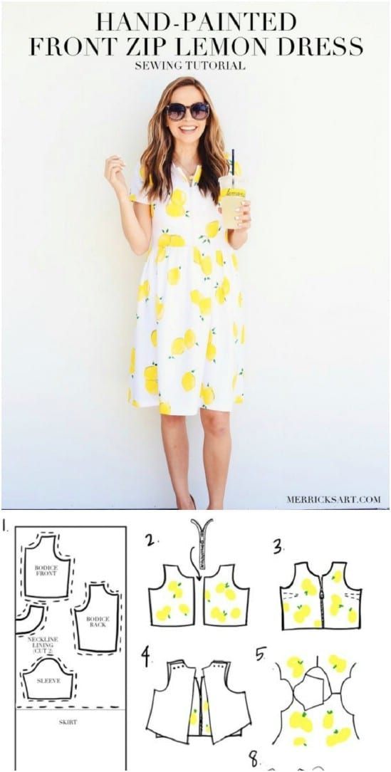 Hand Stamped Front Zipper Lemon Dress