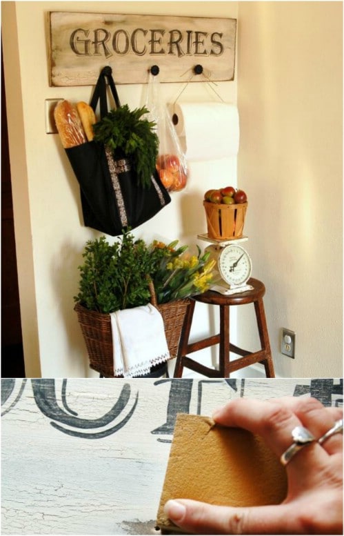 DIY Antique Grocery Sign With Hooks
