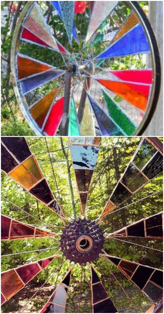 Upcycled Bicycle Tire Stained Glass Garden Spinner