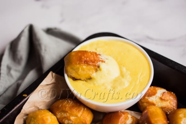 Yummy finished pretzel bits with cheese sauce