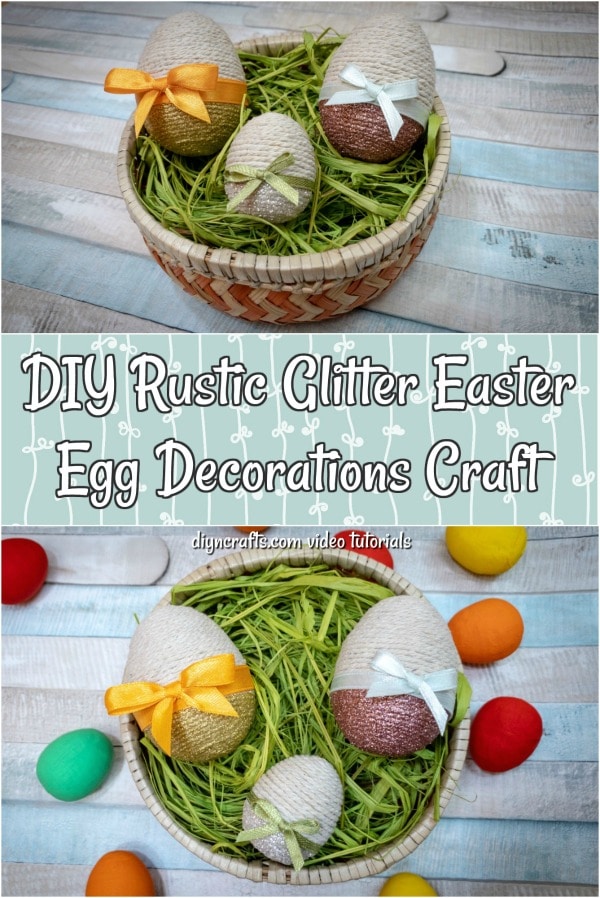 DIY Rustic Glitter Easter Egg Decorations Craft - Step-by-step instructions for making these adorable glittery Easter eggs. Twine covered eggs are decorated with glitter, ribbon, and pearls to decorate for the holiday.