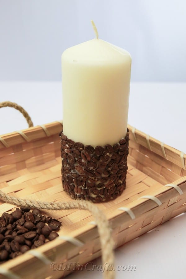 Coffee candle in a rustic tray.