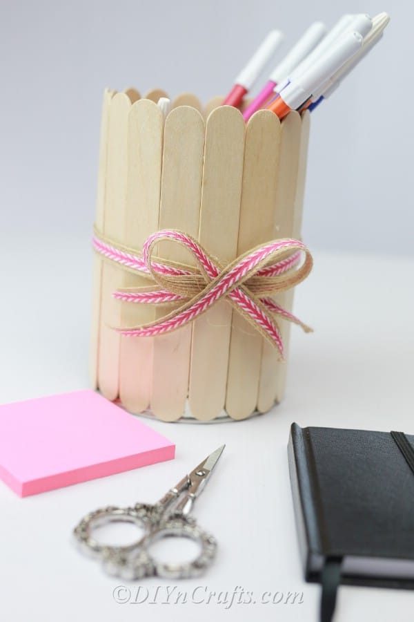 Finished popsicle stick covered pencil can