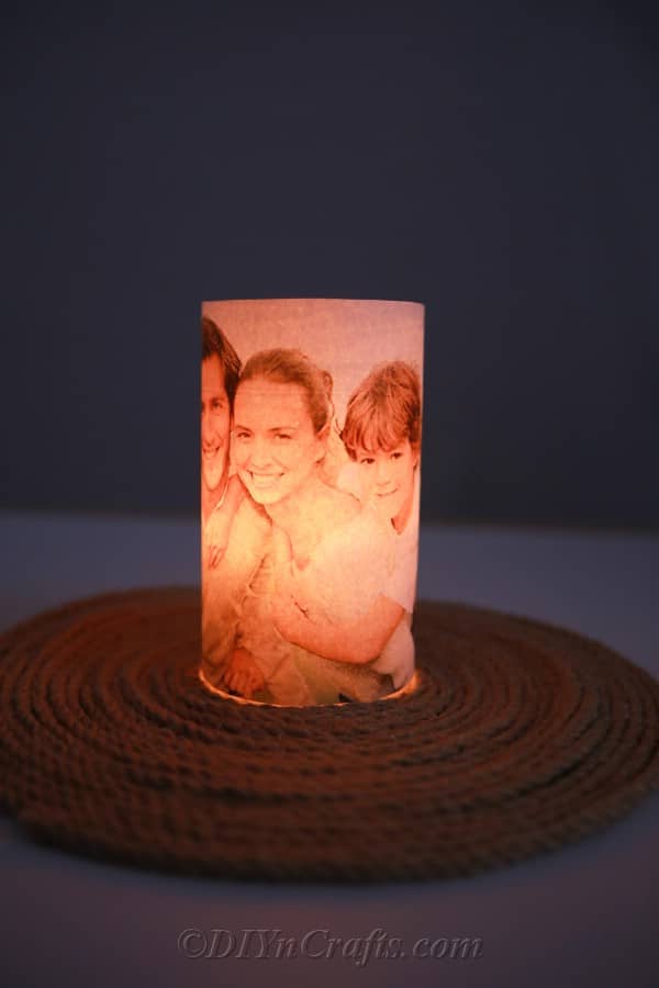 Lit up photo covered candle holder
