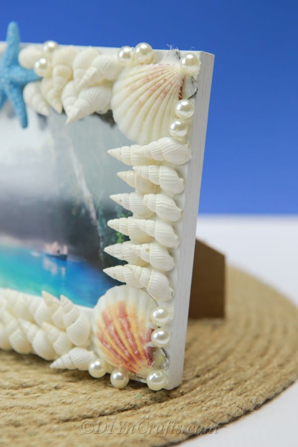 Close up image of the side of a shell covered picture frame 