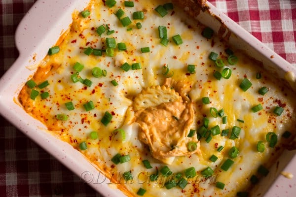 Large casserole dish filled with buffalo chicken dip