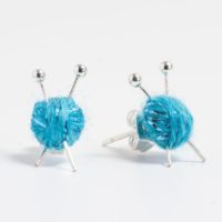 Sparkly Blue Wool knitting earrings - yarn ball and needles