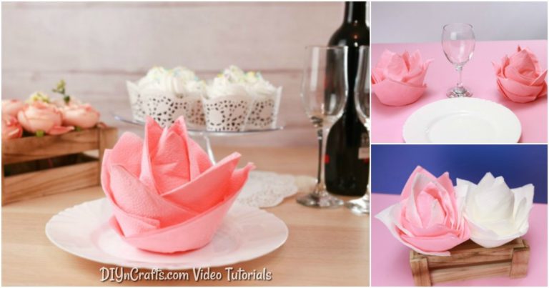 How to fold napkins into flowers tutorial displayed pink and white napkins on a white plate