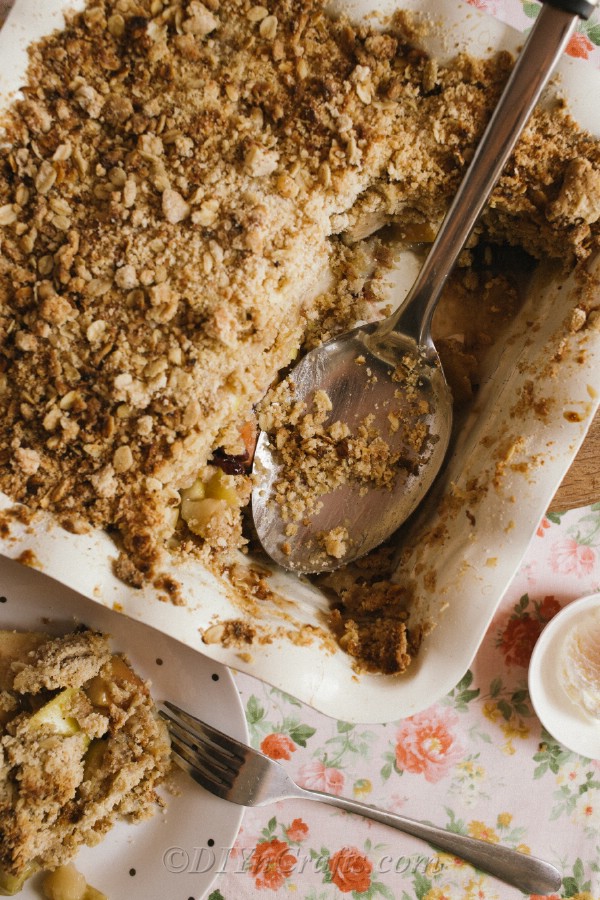 Overhead picture of a baked apple crumble recipe being served