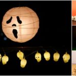Collage picture showing ghost paper lanterns displayed in various ways for Halloween party decorations