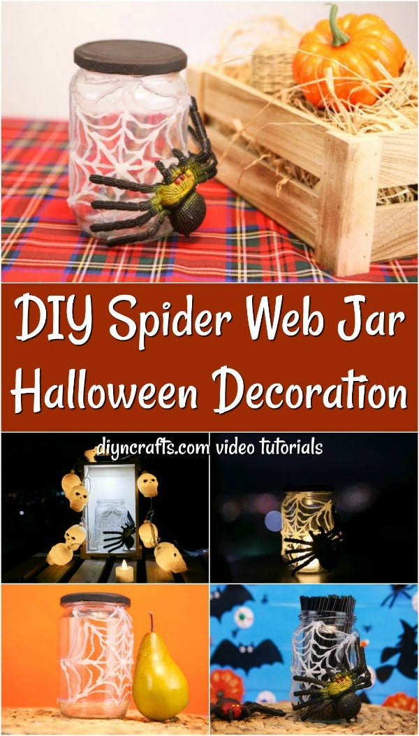 Collage picture of a homemade halloween spider web candy jar decoration