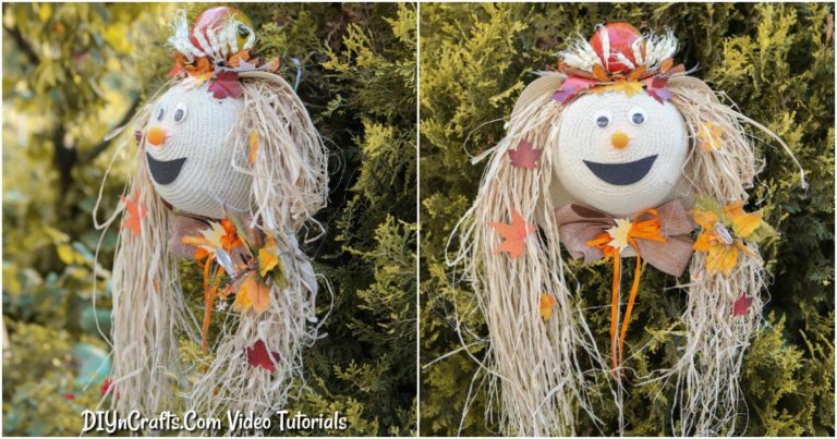 Collage image of harvest decor lady scarecrow outside against greenery