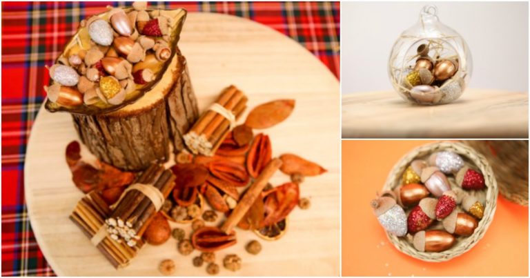 Collage picture of glitter acorns in various displays as a fun harvest craft