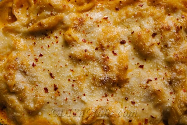 Up close overhead picture of homemade baked mac and cheese