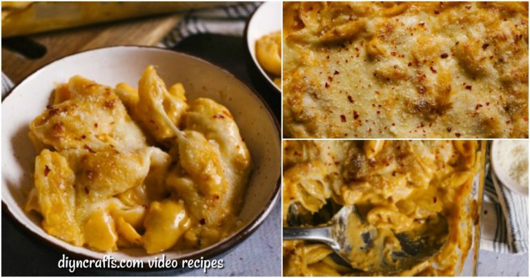 A collage image of baked mac and cheese
