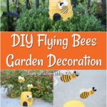 Collage image of a diy flying bee decoration for the garden