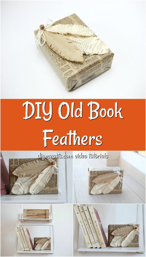 A collage image of how to make decorative feathers out of an old book page