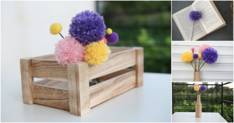 Collage image of displays of pom pom flowers made from yarn