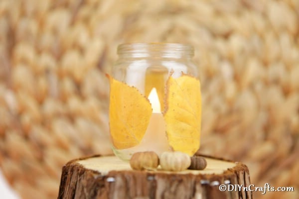 Fall leaf candle lanterns sitting on wooden stump in front of brown background