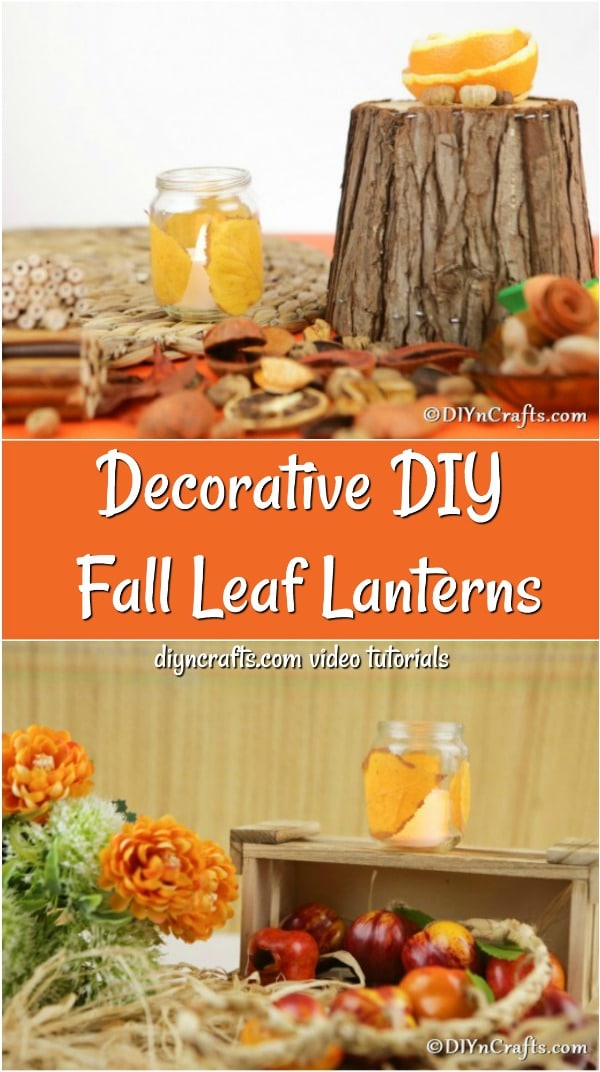 Collage image of how to make a fall leaf candles lantern out of small jar