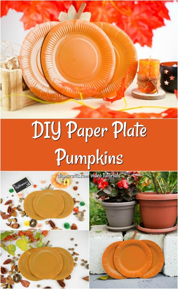 Collage image of paper plate pumpkin craft