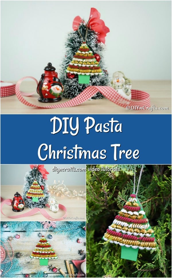 A collage of a christmas tree decoration made with pasta