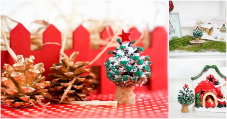 Small collage image showing a mini christmas tree pine cone being displayed