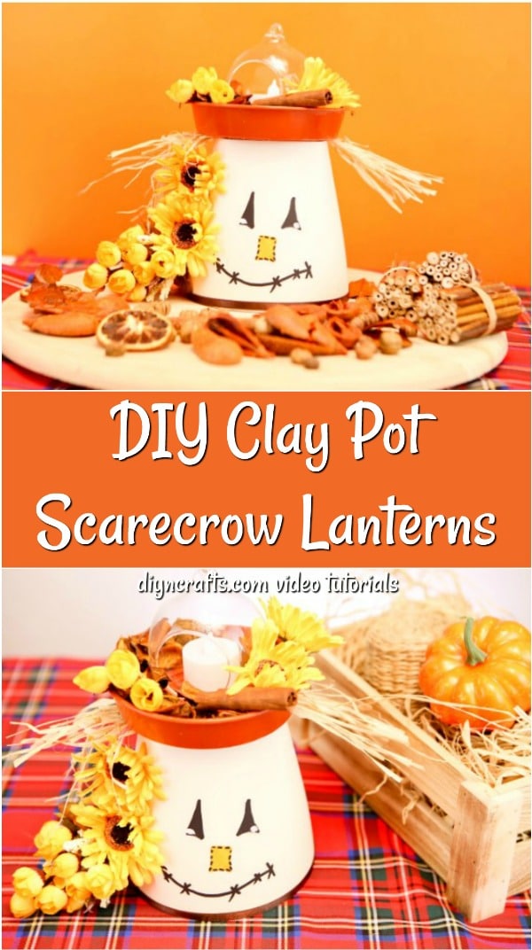 DIY scarecrow clay pot lantern sitting on a cloth with orange background