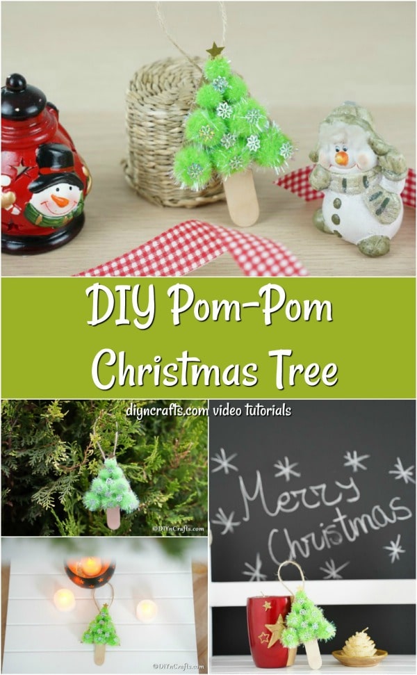 Collag e picture of how to make a pom pom tree for Christmas ornament