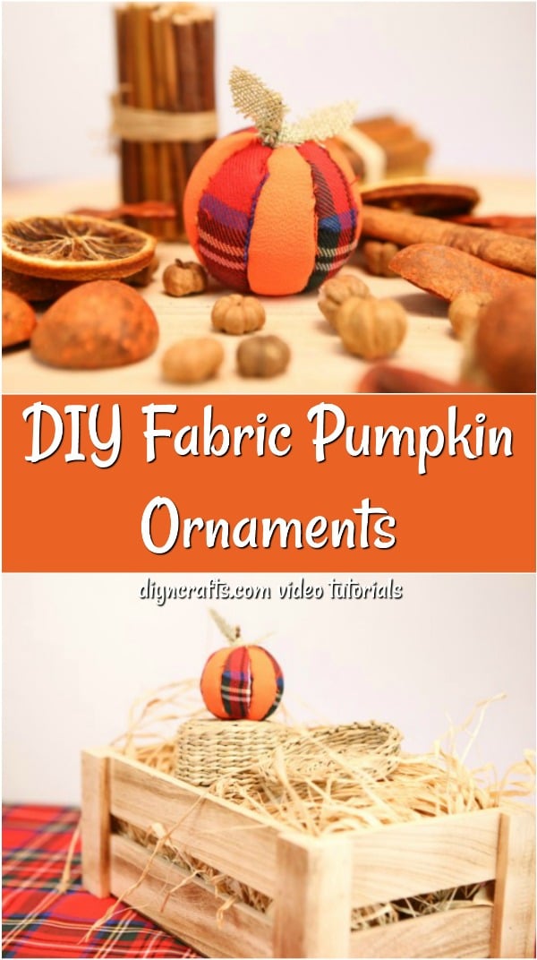 Collage picture of a pumpkin ornament sitting on a crate and with other fall decor
