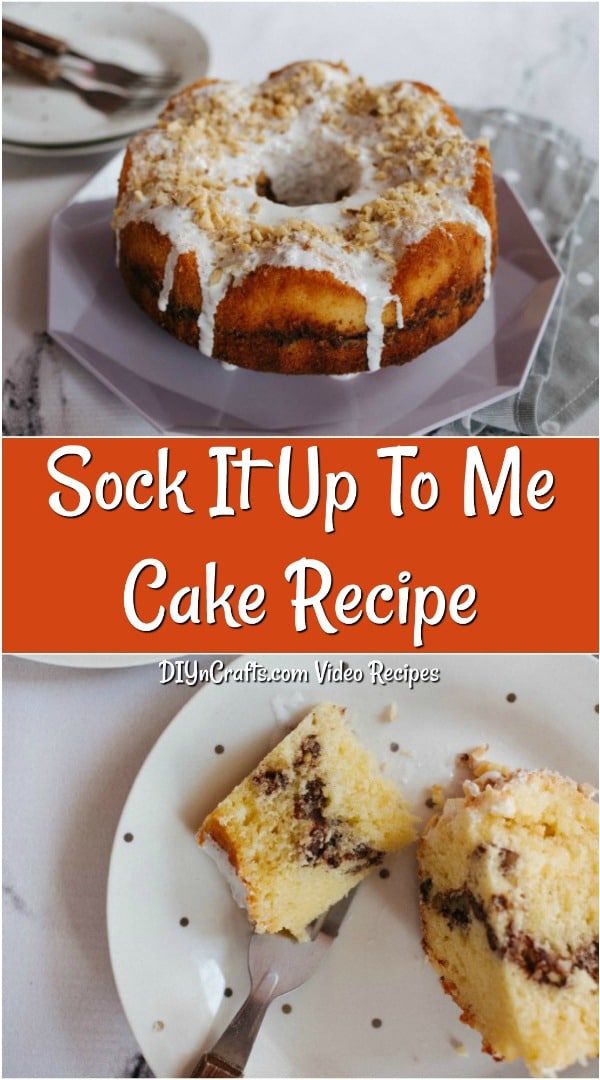 Collage image of a beautiful iced sock it to me cake recipe