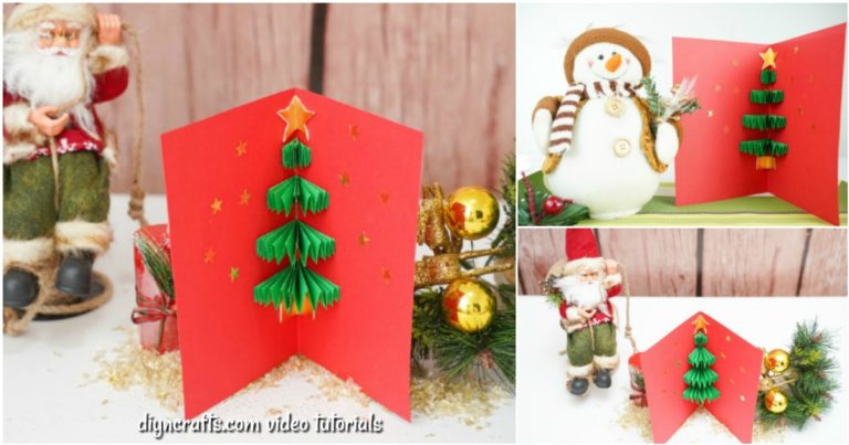 A small collage picture of a 3d Christmas tree card on display