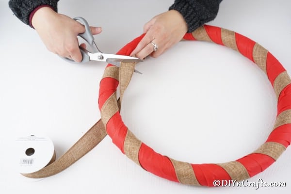 Adding a second color of fabric to the rustic Christmas wreath