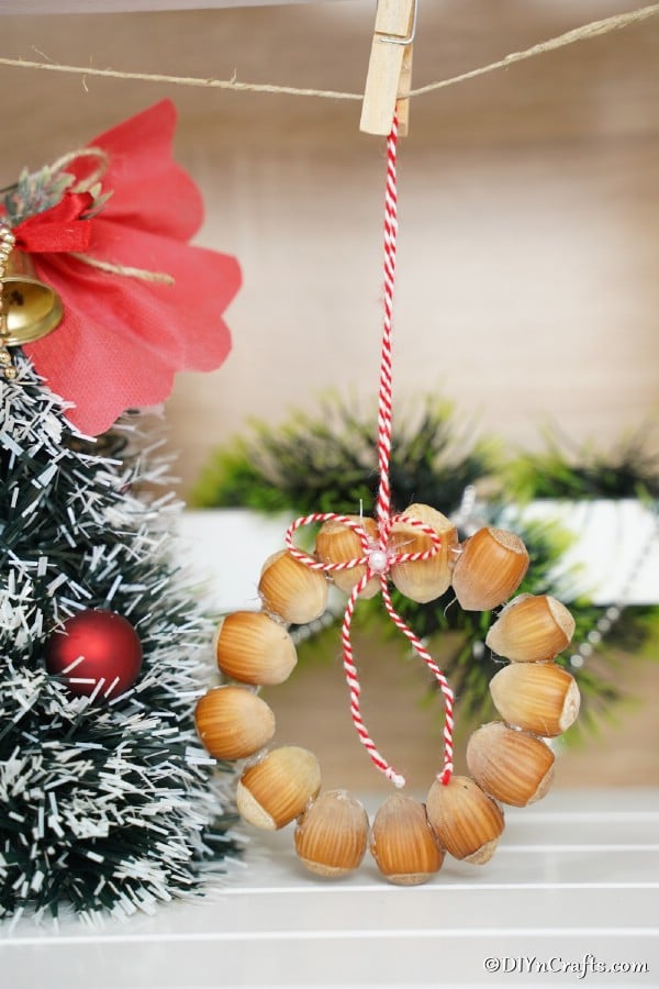 A rustic hazelnut Christmas ornament hanging from a rope next to a holiday tree