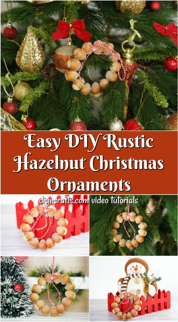 A collage image of rustic hazelnut Christmas ornaments on a tree