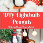 Collage of lightbulb penguin decoration being displayed