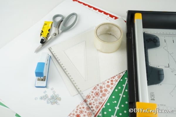 Supplies for making paper strip Christmas trees