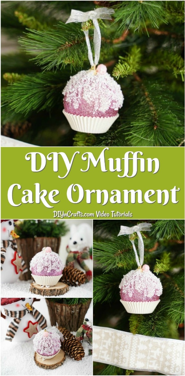 A collage picture of a muffin ornament for the tree being displayed