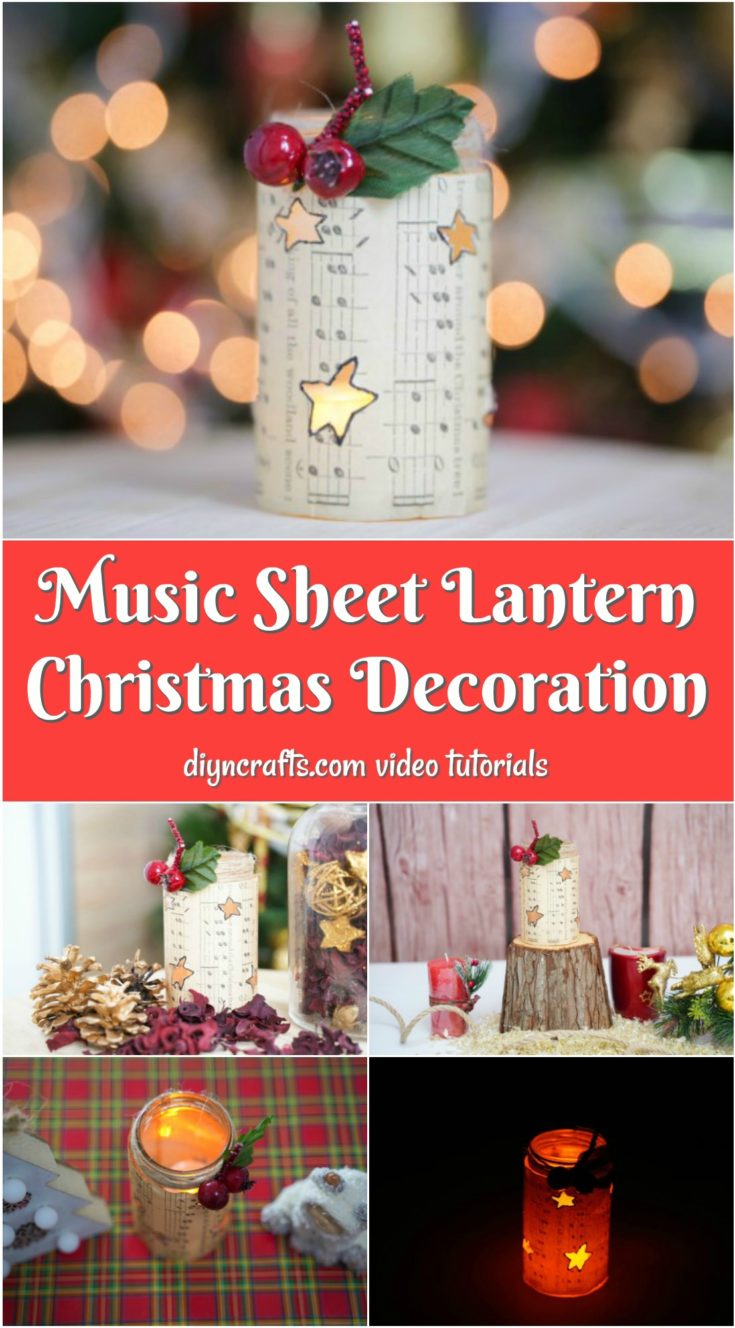 Collage image of a simple music sheet paper lantern on display for Christmas